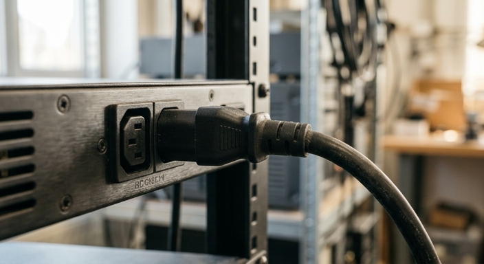 Close-up of a high-quality C13 to C14 power cable connected to a professional PDU for crypto mining.
