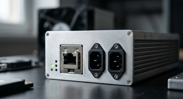 Detailed close-up of an ASIC miner control panel featuring the Ethernet port, power sockets, and status indicator lights on a metal chassis.