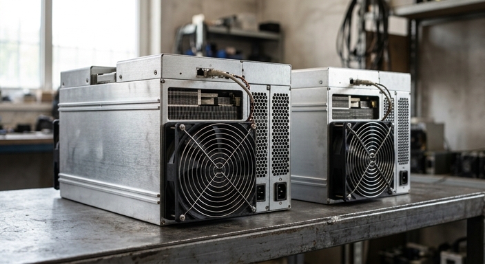 Two high-performance flagship ASIC miners positioned side-by-side on a wooden workbench under soft lighting.