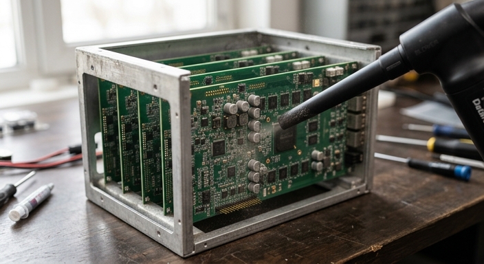 Close-up macro shot of an electric duster removing dust from the internal hashboards of a disassembled miner.