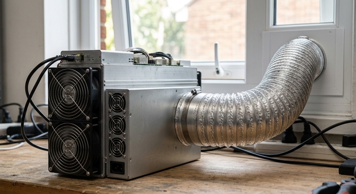 Silver ASIC miner with 6-inch flexible exhaust ducting leading to a window for heat management.