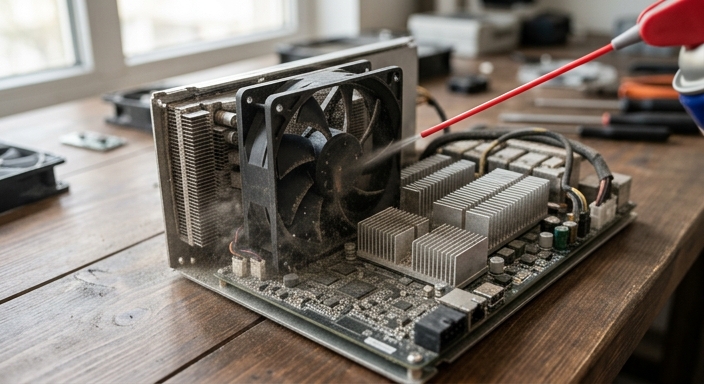 Detailed macro shot of compressed air cleaning dust from the fans and heat sinks of a high-performance ASIC miner.