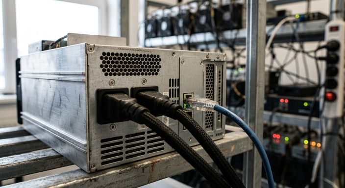 Close-up of an ASIC miner rear panel showing dual C14 power cables and an RJ45 Ethernet cable correctly plugged in.